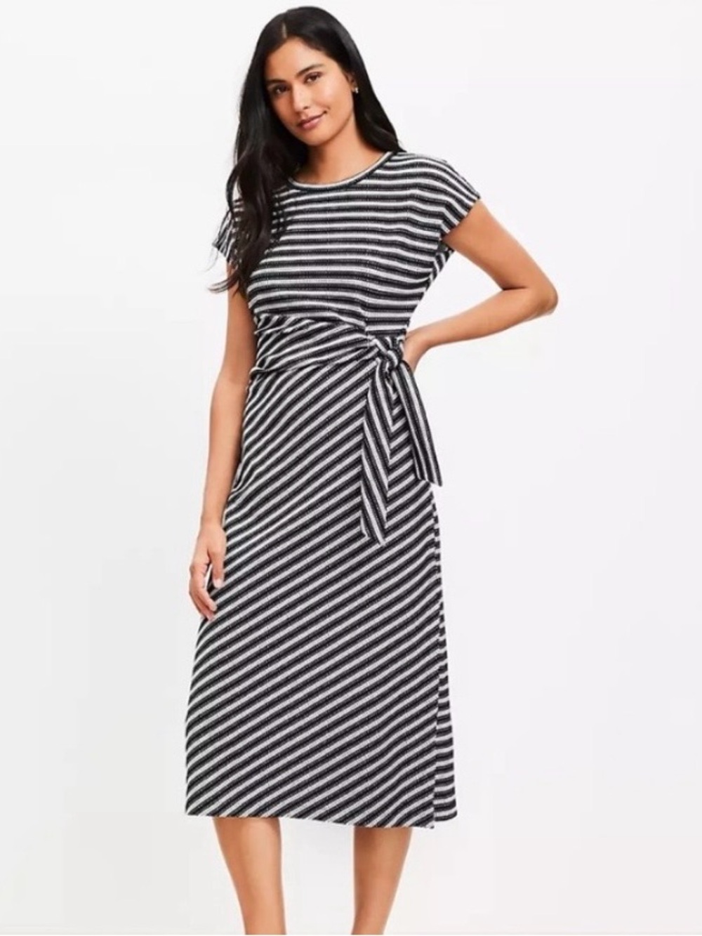 LOFT Black & White Striped Tie-Waist Midi Dress